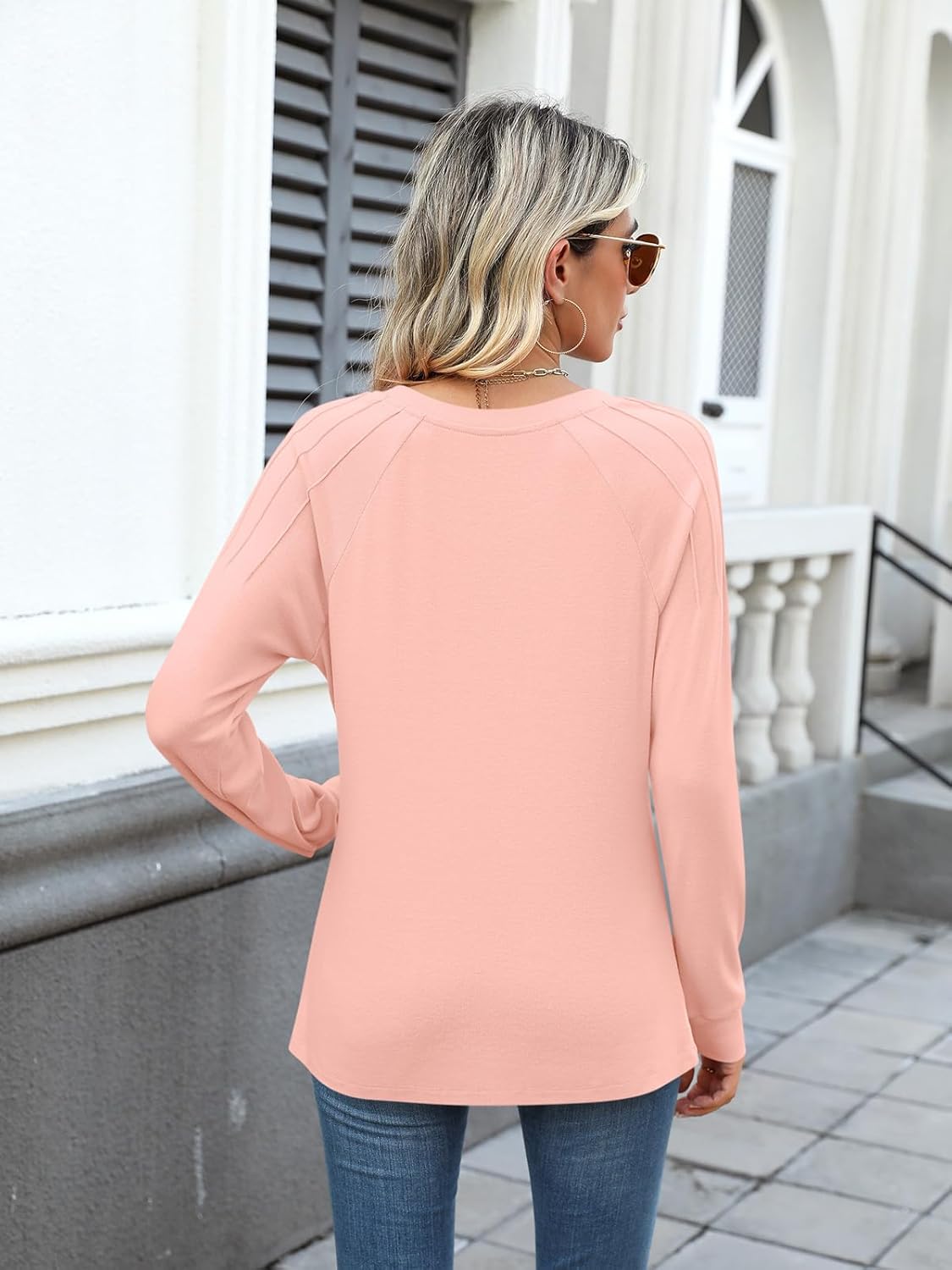 Syellowafter Womens Sweatshirt V Neck Pleated Long Sleeve Shirts Casual Lightweight Tunic Tops Loose Fit Pullover - Image 5