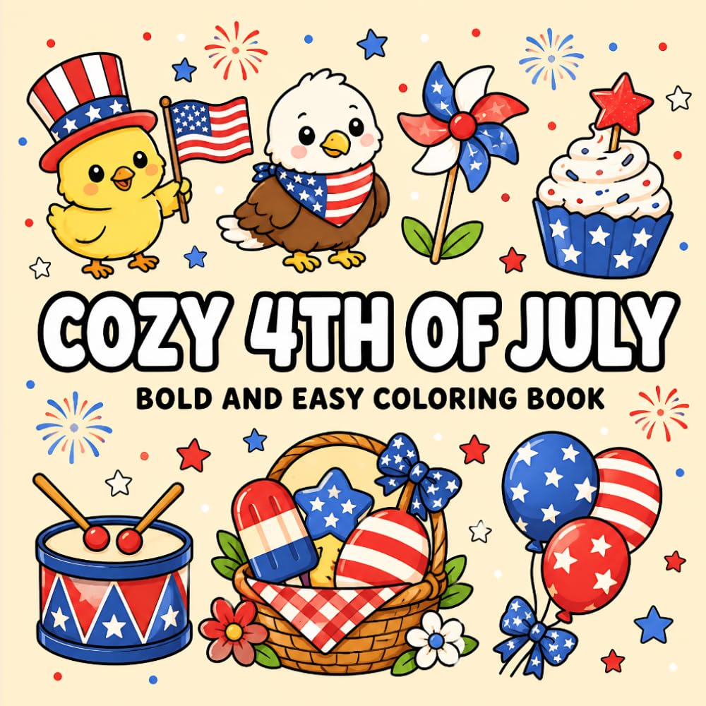 Cozy 4th of July Coloring Book for Kids: 30+ Bold and Easy Patriotic Pages Ready to Color with Cute Animals, Flags, Fireworks, and Festive Independence Day Fun