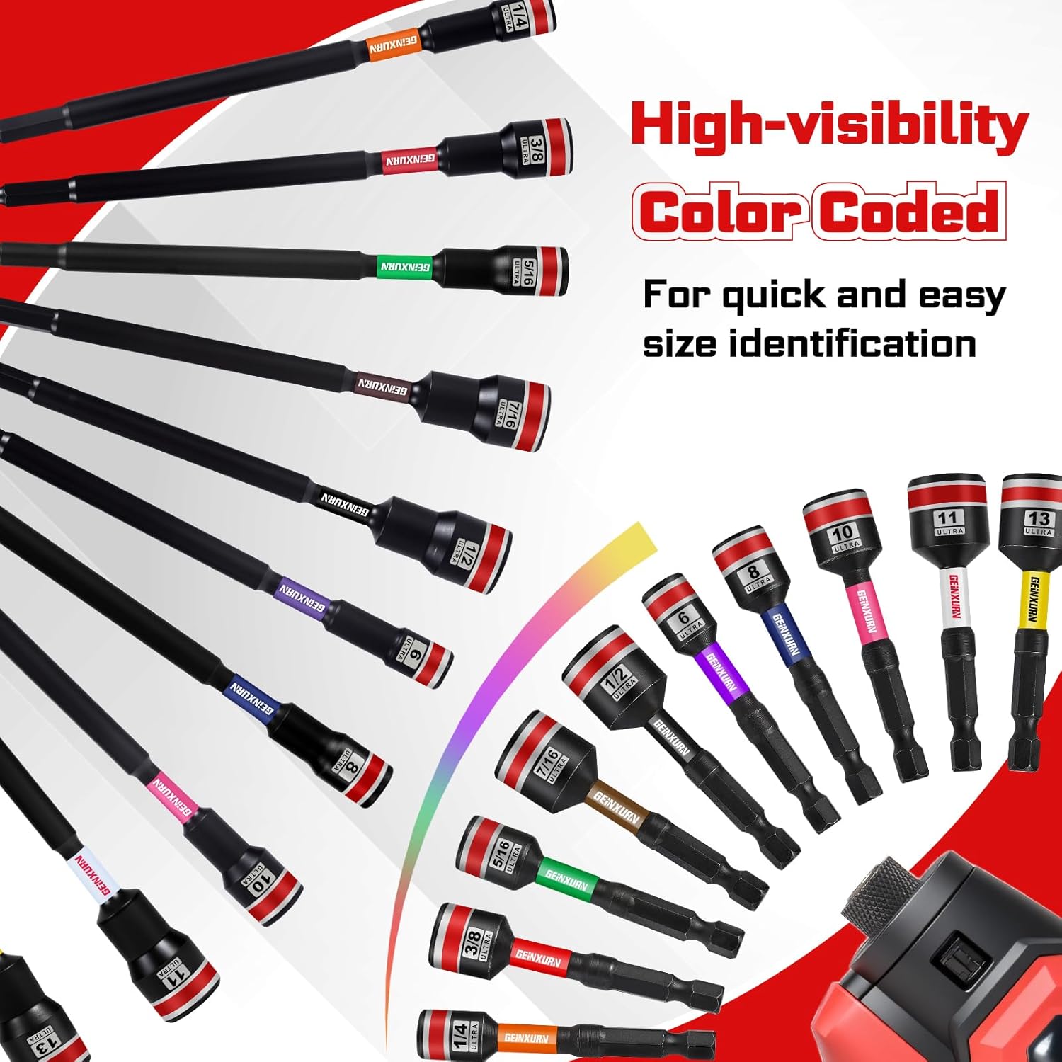 Geinxurn Impact Nut Driver Set, 20 Pieces 2.56”6”Long 6mm/8mm/10mm/ 11mm/13mm 1/4”5/16”3/8”7/16”1/2”6 Point Alloy Steel Magnetic Metric/SAE Nut Setter 1/4 Hex Shank Impact Driver with Case Box