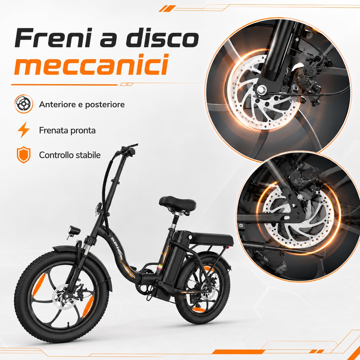 Bicicletta Elettrica Pieghevole 20x3.0, Motore 250W Coppia 47NM, Batteria 48V 16Ah, Velocità Max 25km/h, Autonomia 50-100KM, 7 Marce, Ammortizzatore a Molla e Freni a Disco Meccanici Urbana