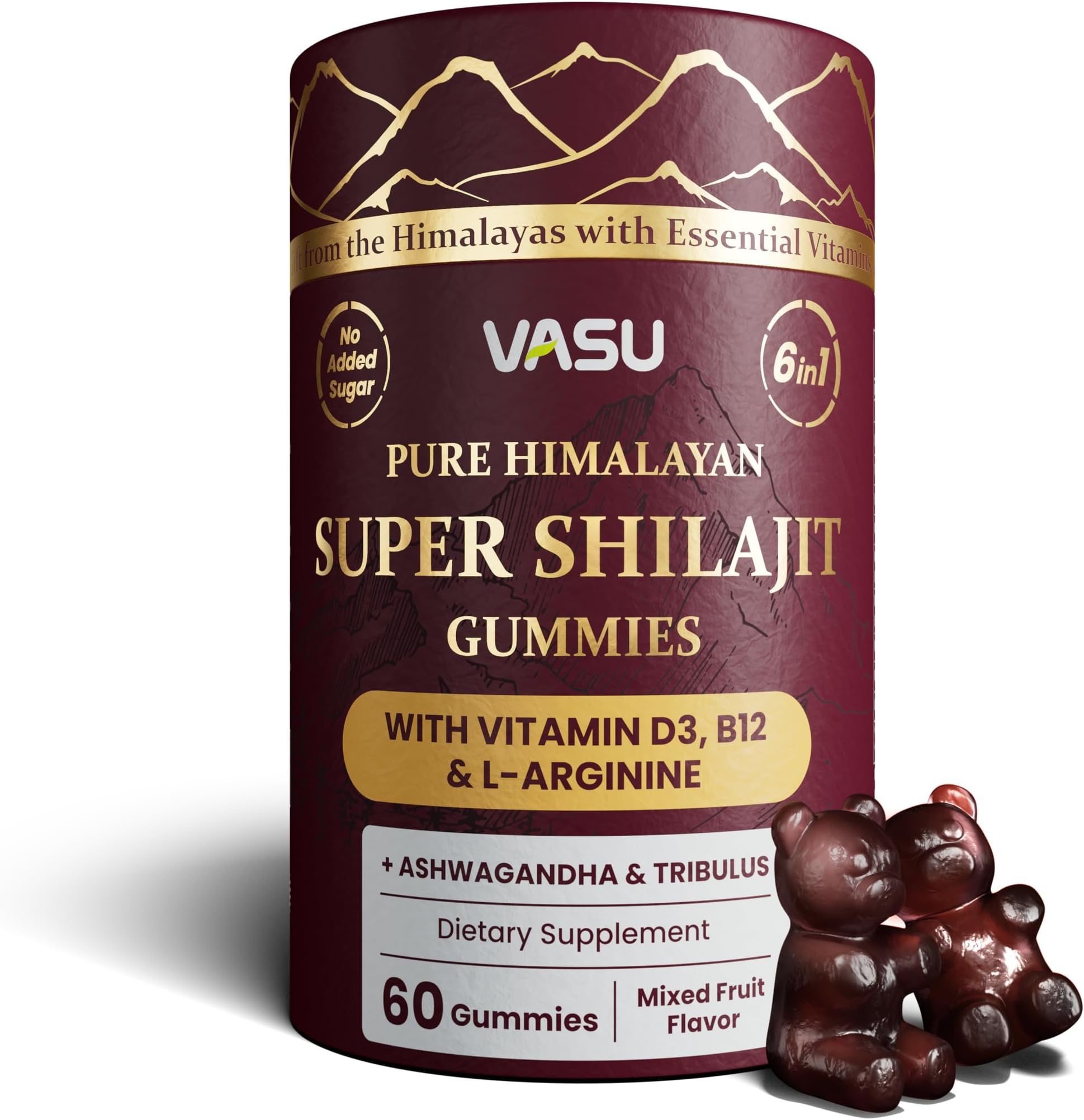 - Vasu 6 in 1 Pure Himalayan Gold Shilajit Gummies for Men & Women with Vitamin D3 & B12, L-Arginine, Ashwagandha & Tribulus - Sugar Free Shilajit Resin - 60 Counts for Energy Support - Lab Tested