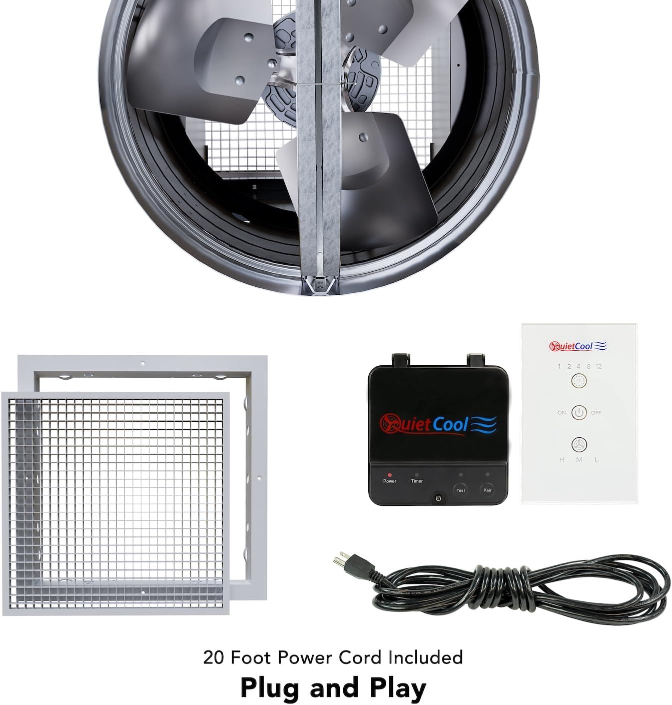 Quietcool GA PRO-2.0 Garage Whole House Fan - Up to 1834 CFM - As low as 133 Watts - Integrated Fire Damper - Wireless RF Control - 20ft Power Cord - Plug-and-play - Covers up to Four Car Garage