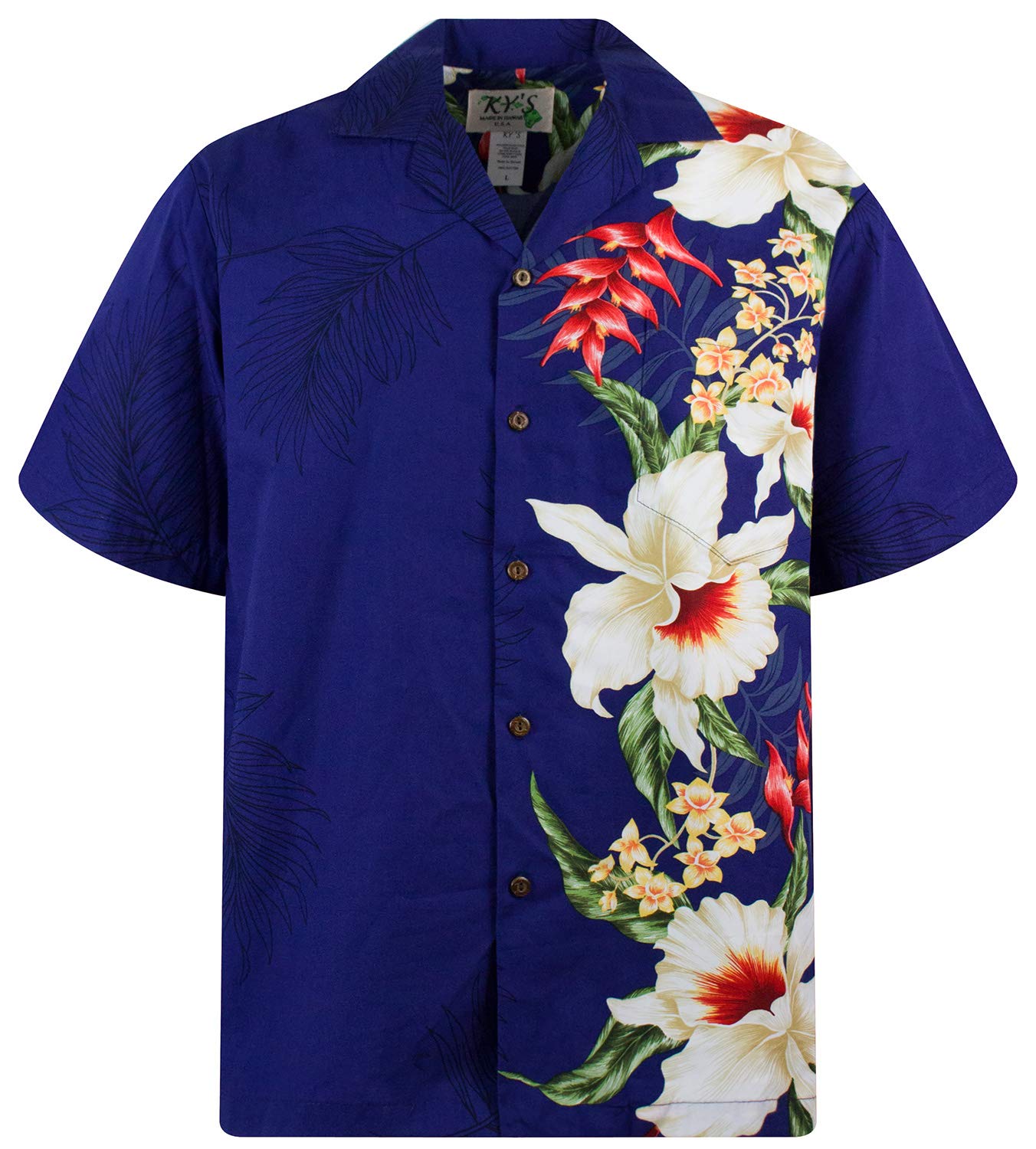 KY‘s | Original Camicia Hawaiana | Signori | S - 4XL | Maniche Corte | Tasca Frontale | Hawaii Stampa | Fiori | Blu