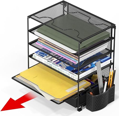 Miniatura 3 de Simple Houseware Bandeja de archivos de documentos de 5 niveles con cajón deslizante de suministros y cubo para bolígrafos, color negro