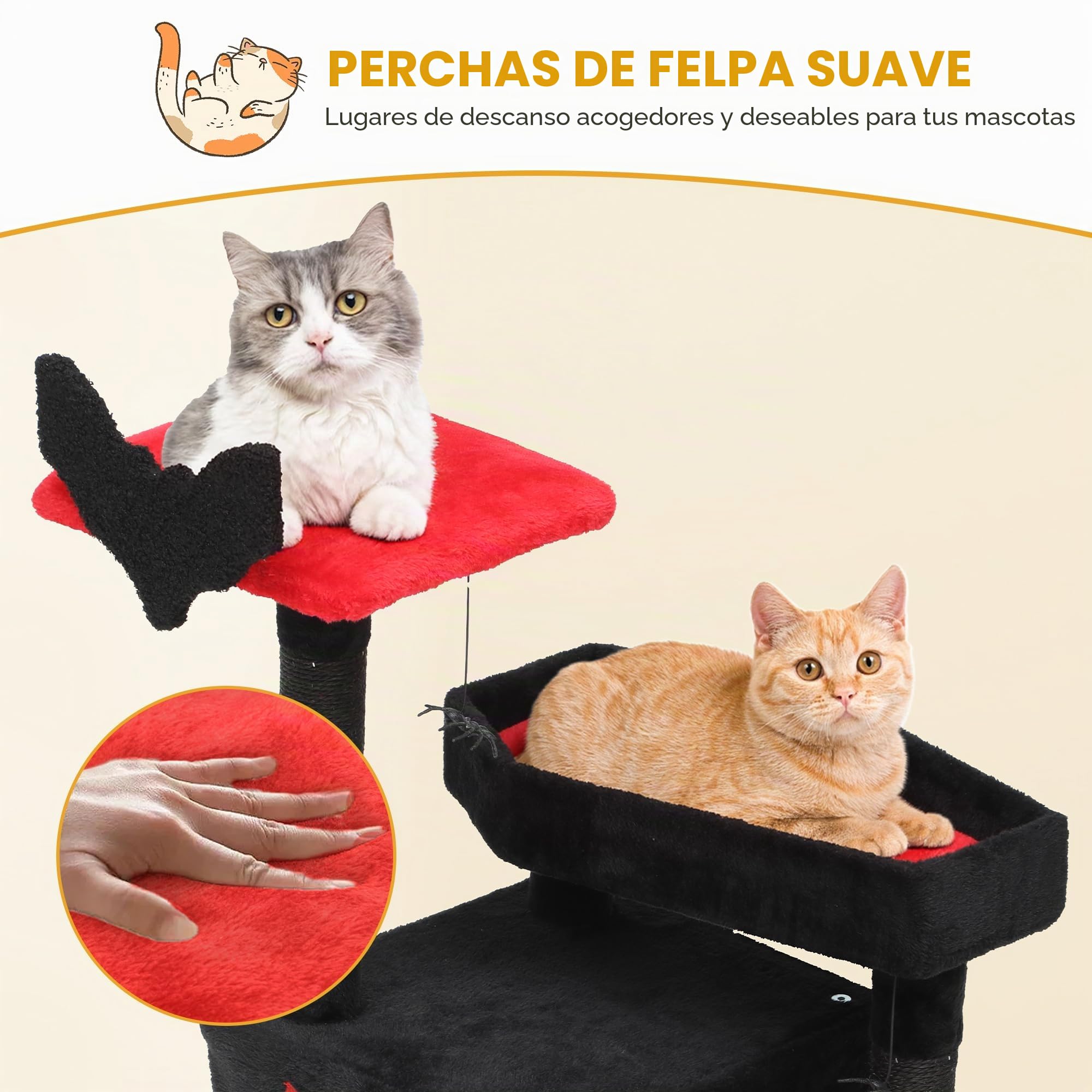 DWVO Árbol de Gato gótico de 111 cm para Interior con Cama de ataúd, espaciosa casa para Gatos, Bola de araña Colgante y rascador, Color Negro