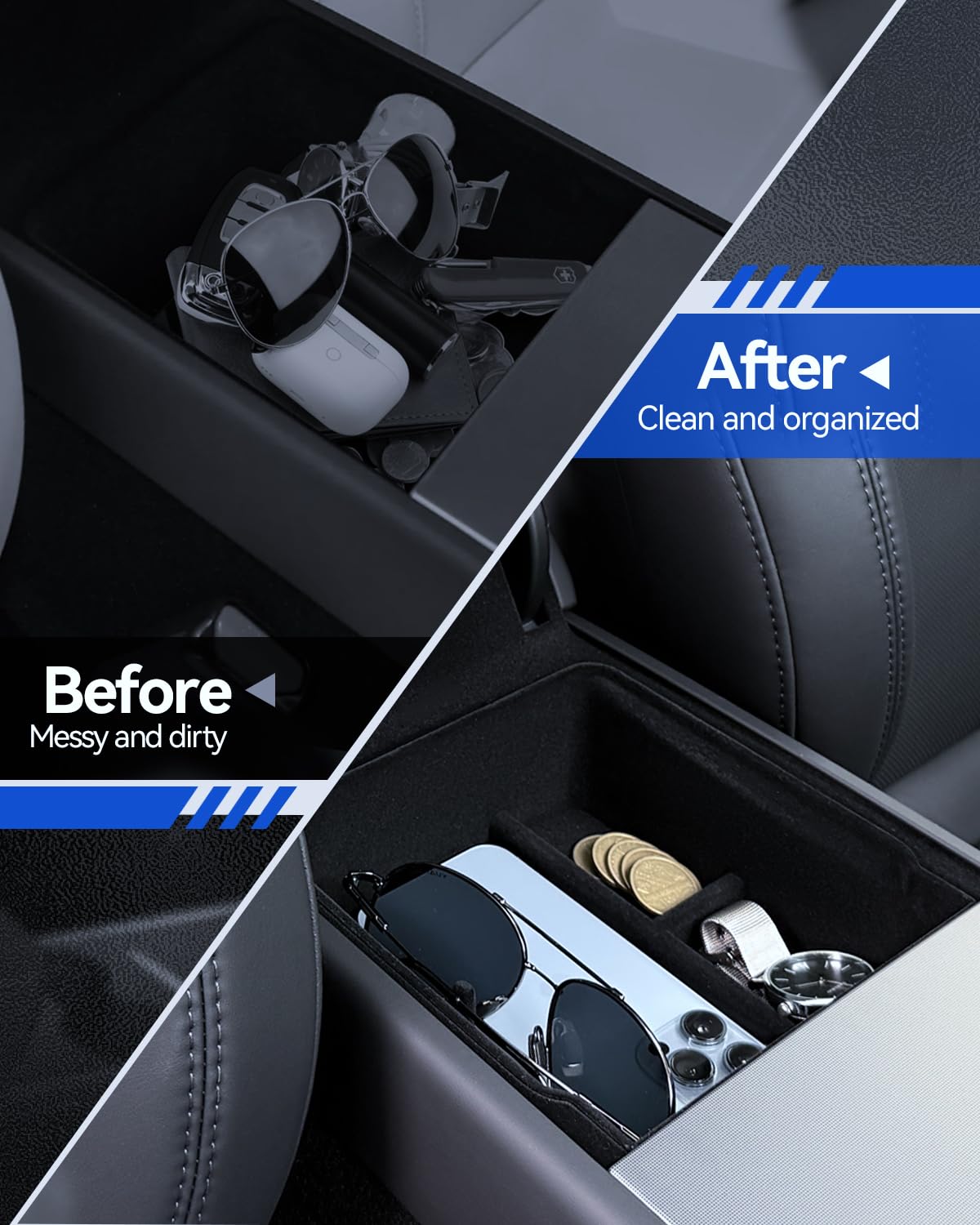 3 accesorios para Tesla Model Y 2025-2026 Juniper Organizador de consola central, reposabrazos de almacenamiento y caja oculta (flocado)