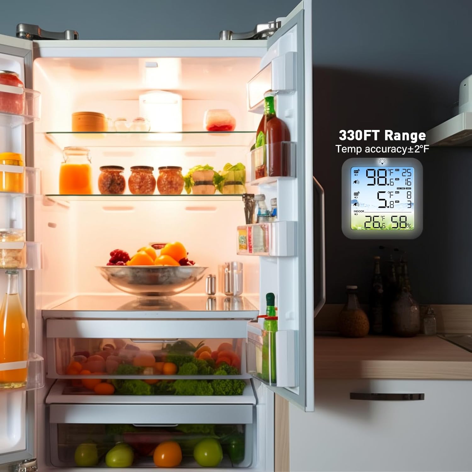 Wireless Freezer Thermometer with Alarm, 330FT Remote Sensor, Digital Thermometer with Backlit Display for Fridge/Freezer, Max/Min Recording to Prevent Food Spoilage