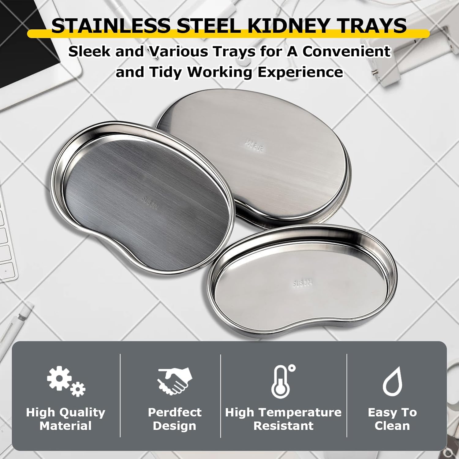 Kidney Tray - Romlon Metal Tray 3 Pcs Stainless Steel Basin Mixed Stainless Steel Curved Sheet for Dental, Lab Instrument, Office Room, Bathroom Metal Tray Emesis Basin