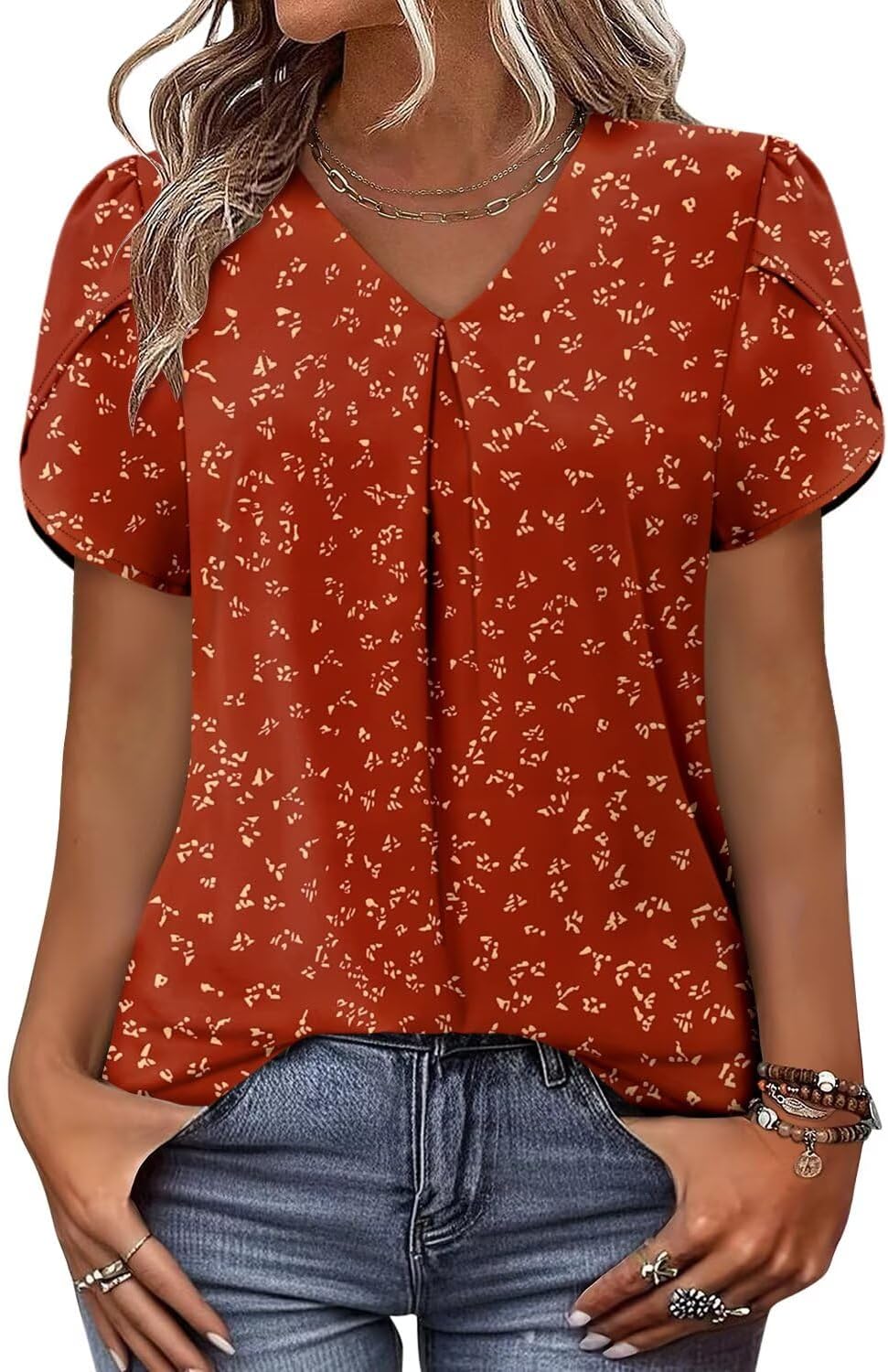 Magritta Womens Tops Dressy Casual Short Sleeve Pleated Tshirt 2025 Summer Loose Fitting Blouse Fashion V Neck Business Shirt