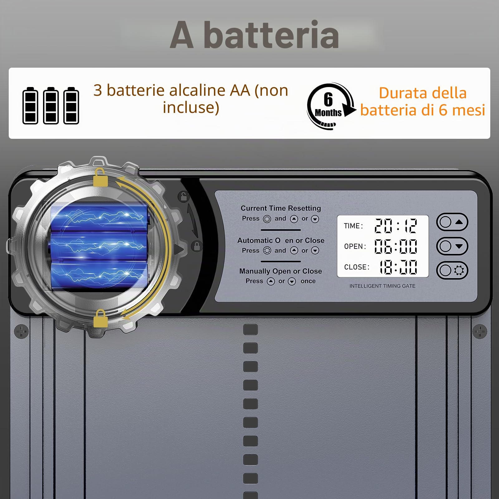 Porta Pollaio Automatico con Display LCD Programmabile Impermeabile Porta Automatica Pollaio In Lega di Alluminio Alimentato a Batteria Controllo Timer Funzione Anti-Pizzico
