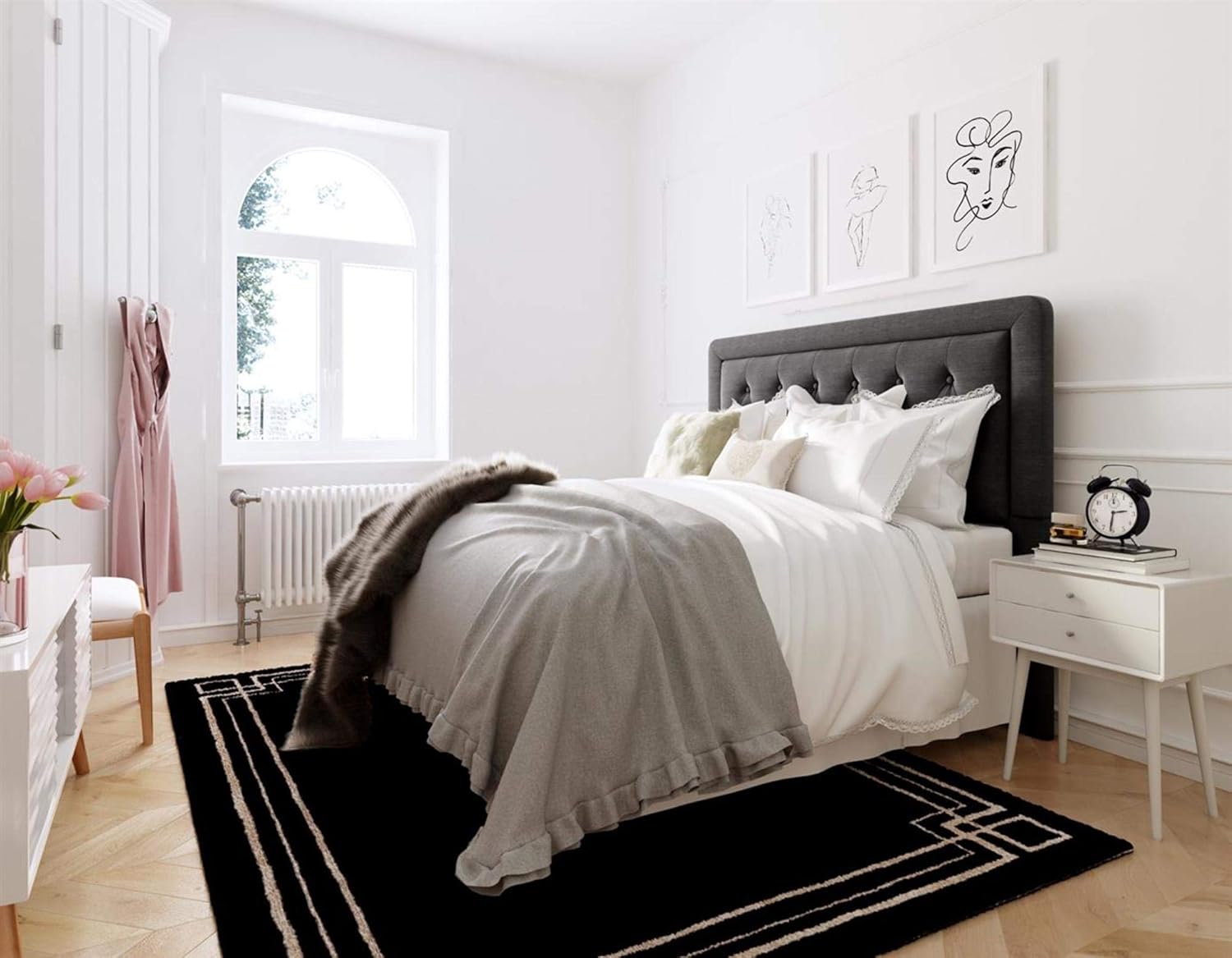 Elle Decor Amery Diamond Stitched Tufted Headboard, Soft Fabric Upholstered with Padded Button-Tufting, Adjustable Height, King Size, Charcoal Grey