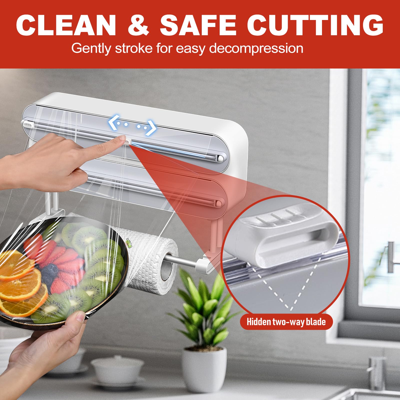 Organizador 3 en 1 con cortador, incluye 2 rollos de papel de plástico y dispensador de papel de aluminio, soporte magnético para toallas de papel para nevera, solución de almacenamiento de papel de