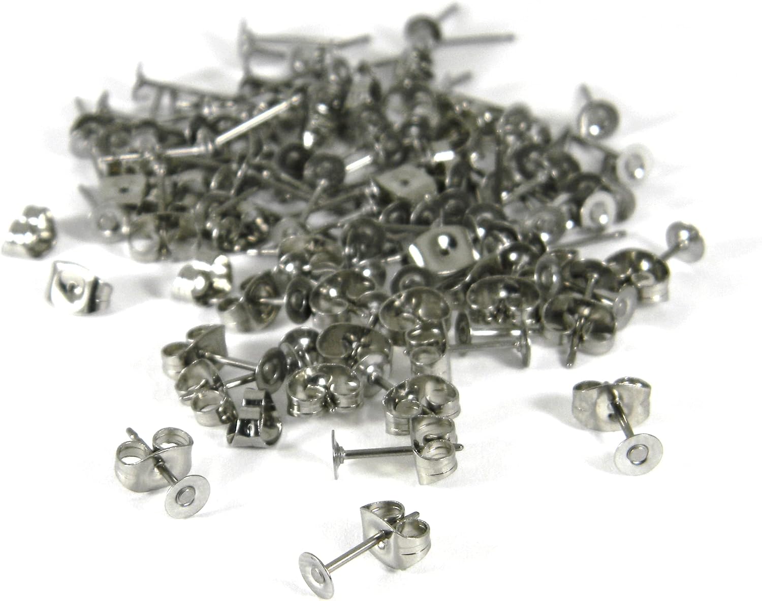 25 Pair Hypo-Allergenic Genuine Titanium Post Earring Findings with Surgical Grade 304 Stainless Steel 4mm Round Flat Pad & Stud Butterfly Backings