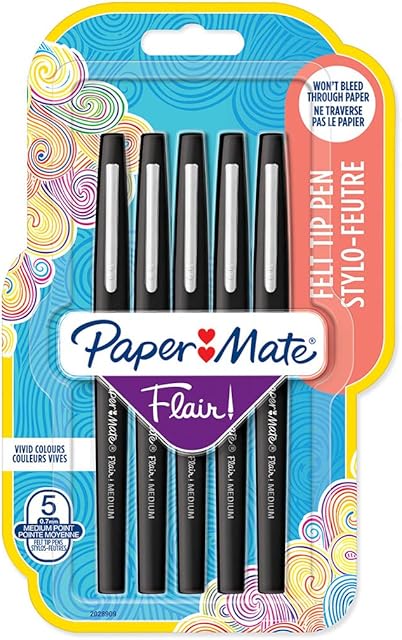 Paper Mate Flair Felt Tip Pens | Medium Point (0.7mm) | Black | 5 Count