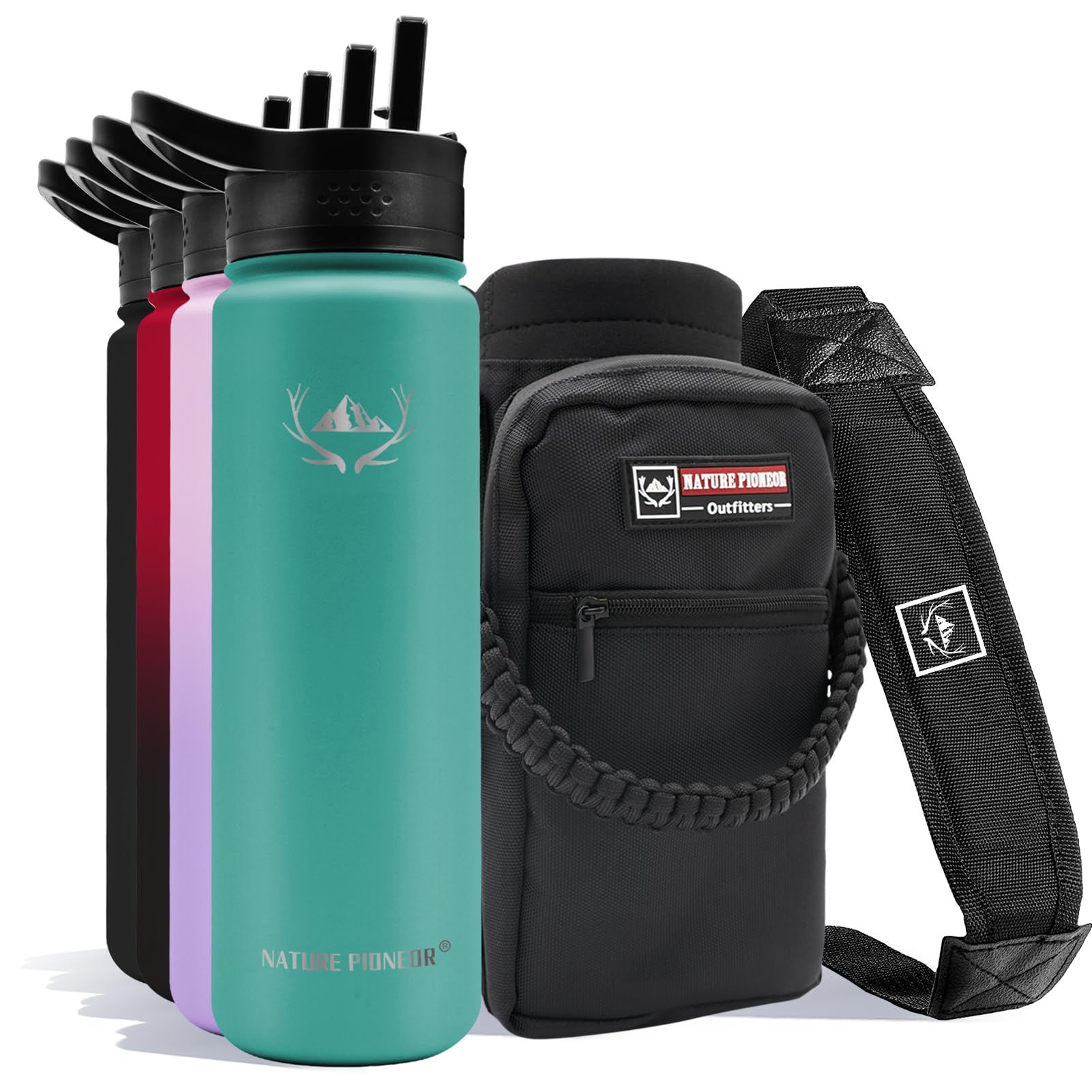 NATURE PIONEOR Insulated Water Bottles with Carrier Holder Sleeve - 24 ounce Stainless Steel Water Bottle with 3 Lids,straw,Keeps Hot and Cold