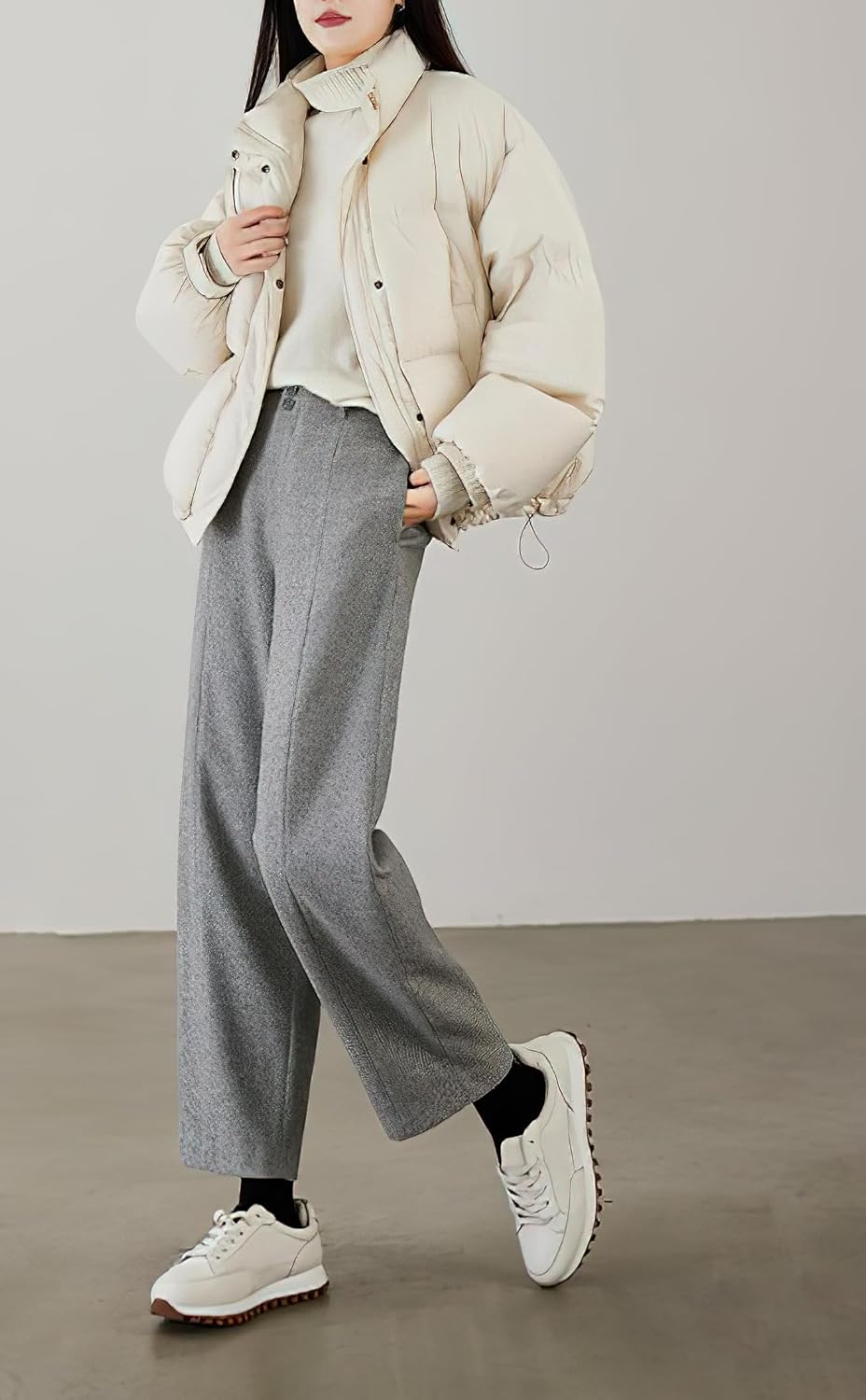 chouyatou Womens Fall Winter Wool Pants Elastic Waist Dressy Work Business Casual Slacks Cropped Trouser - Image 4