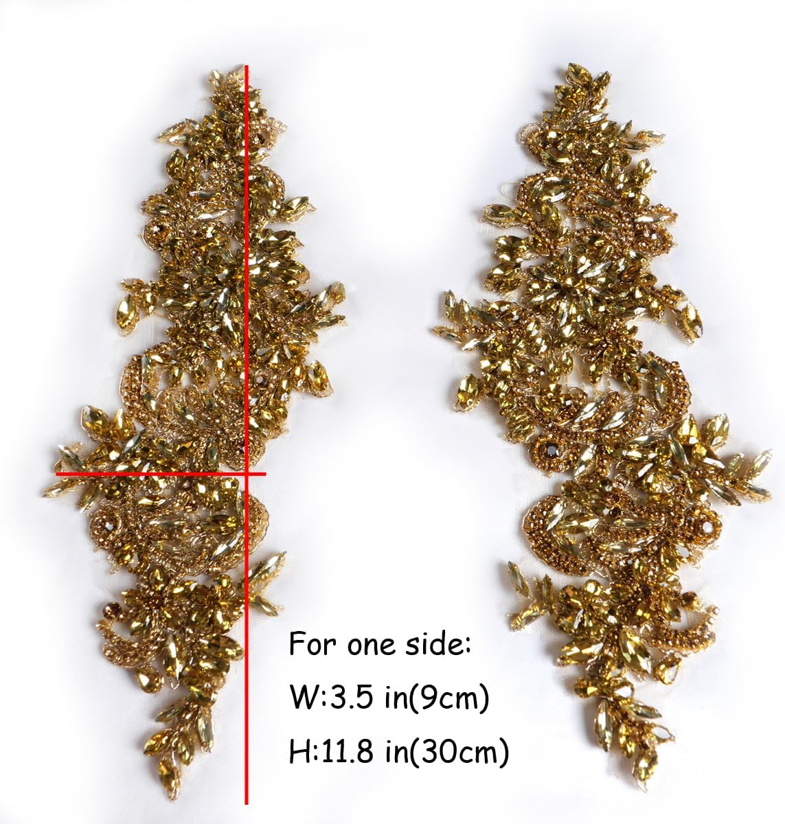 Luxury Look Shiny Rhinestone Pair Applique Patch in Gold Silver champgane AB Color for Prom Dress Belt Arts Crafts Sewing decorat (Gold)