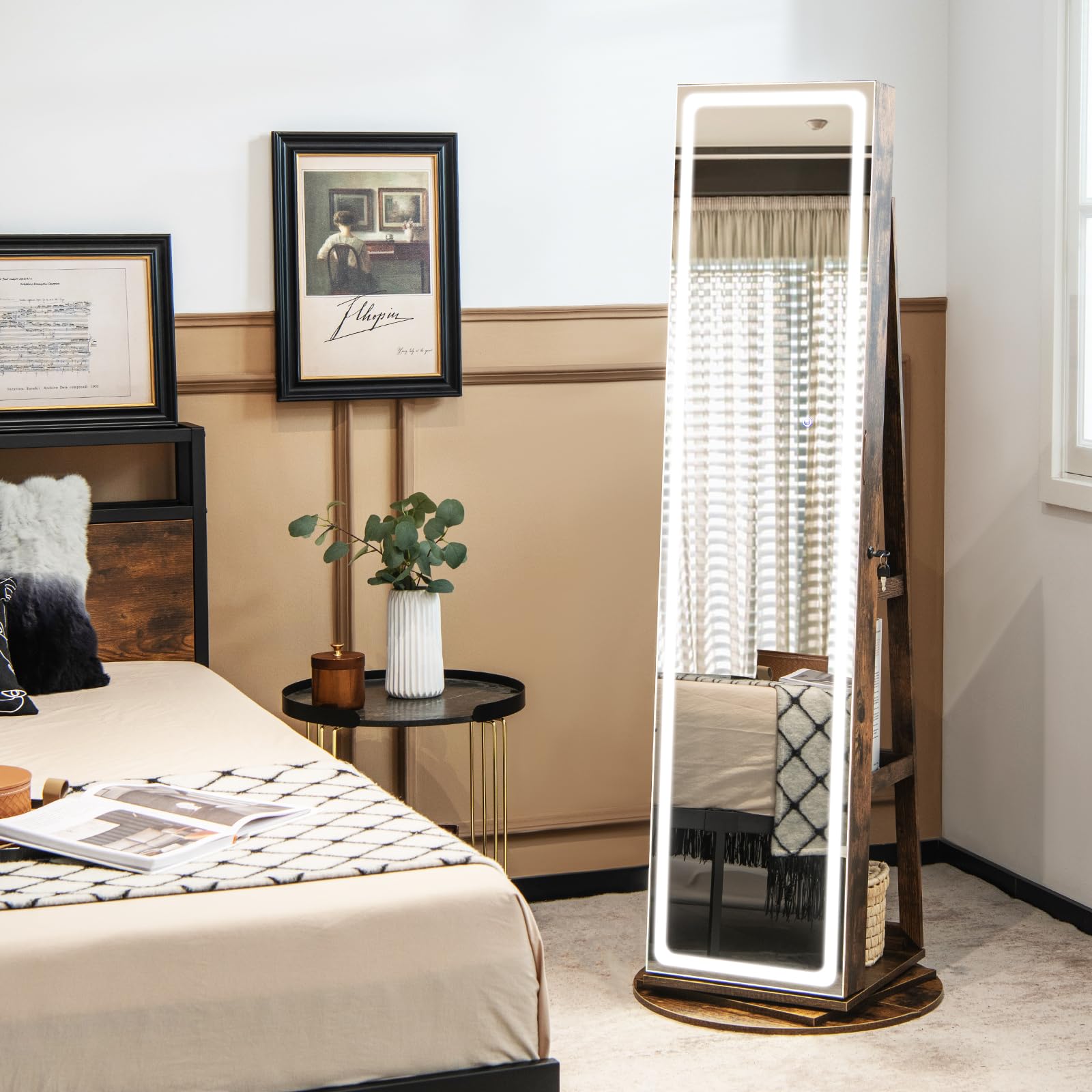 COSTWAY Armario Joyas Gabinete Joyería Pie Luces LED 4 en 1 Espejo Joyero Multiuso Cerradura Base Giratoria 360°