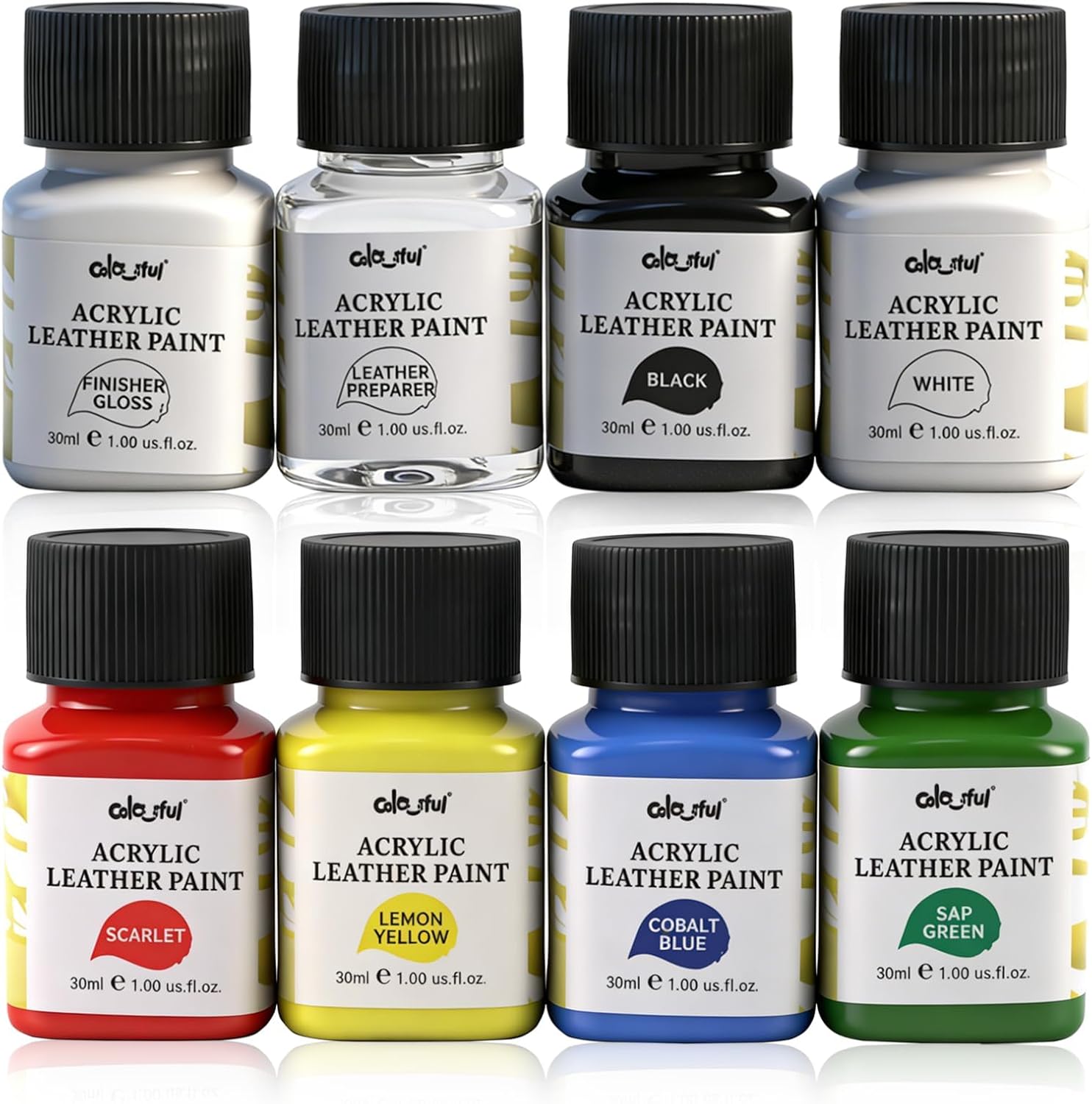 Colorful Acrylic Leather Paint, 8 x 30ml Kit with Deglazer & Finisher Gloss, 6 Colors Flexible & Waterproof Leather Dye Kit Perfect Shoes, Sneaker, Couches, Bags, Sofa, and Car Seat