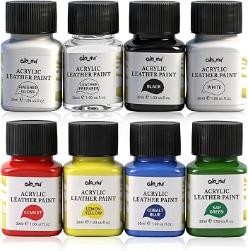 Colorful Acrylic Leather Paint, 8 x 30ml Kit with Deglazer & Finisher Gloss, 6 Colors Flexible & Waterproof Leather Dye Kit Perfect Shoes, Sneaker, Couches, Bags, Sofa, and Car Seat