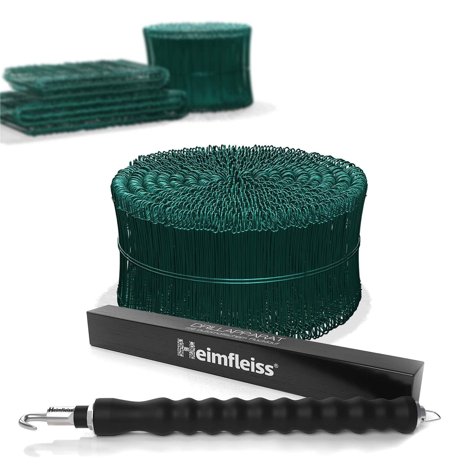 Heimfleiss® Drillapparat Driller + Rödeldraht 1,4 x 100mm (1000 Stk) - Set aus Drahtbinder Rödelzange & Bindedraht ummantelt Sackverschluss - Betonbindedraht Ösendraht Drill Draht