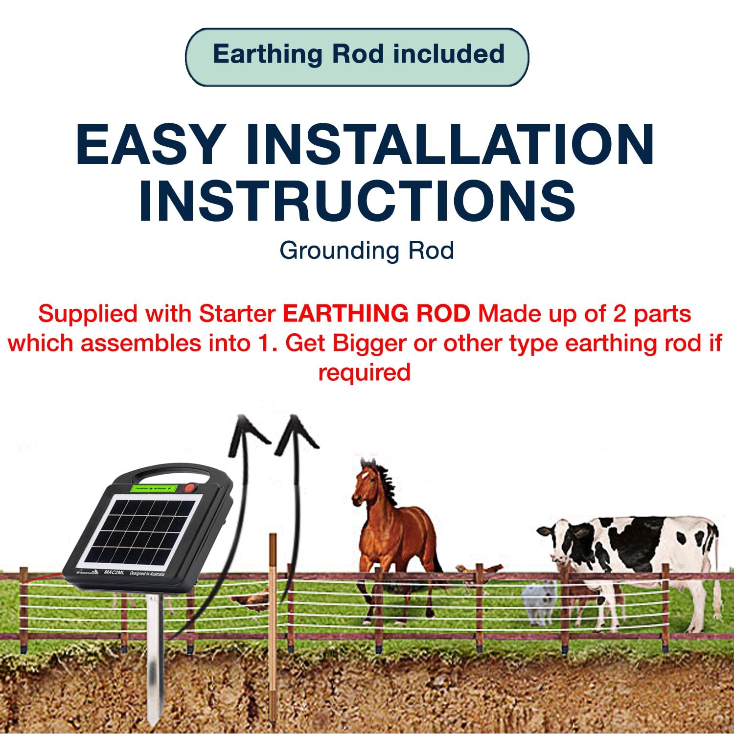 My Animal Command Cargador de valla eléctrico alimentado por energía solar de 0,2 julios de voltaje ajustable (6-9 KV) con batería de litio, contención energizante y protección de ganado, caballos