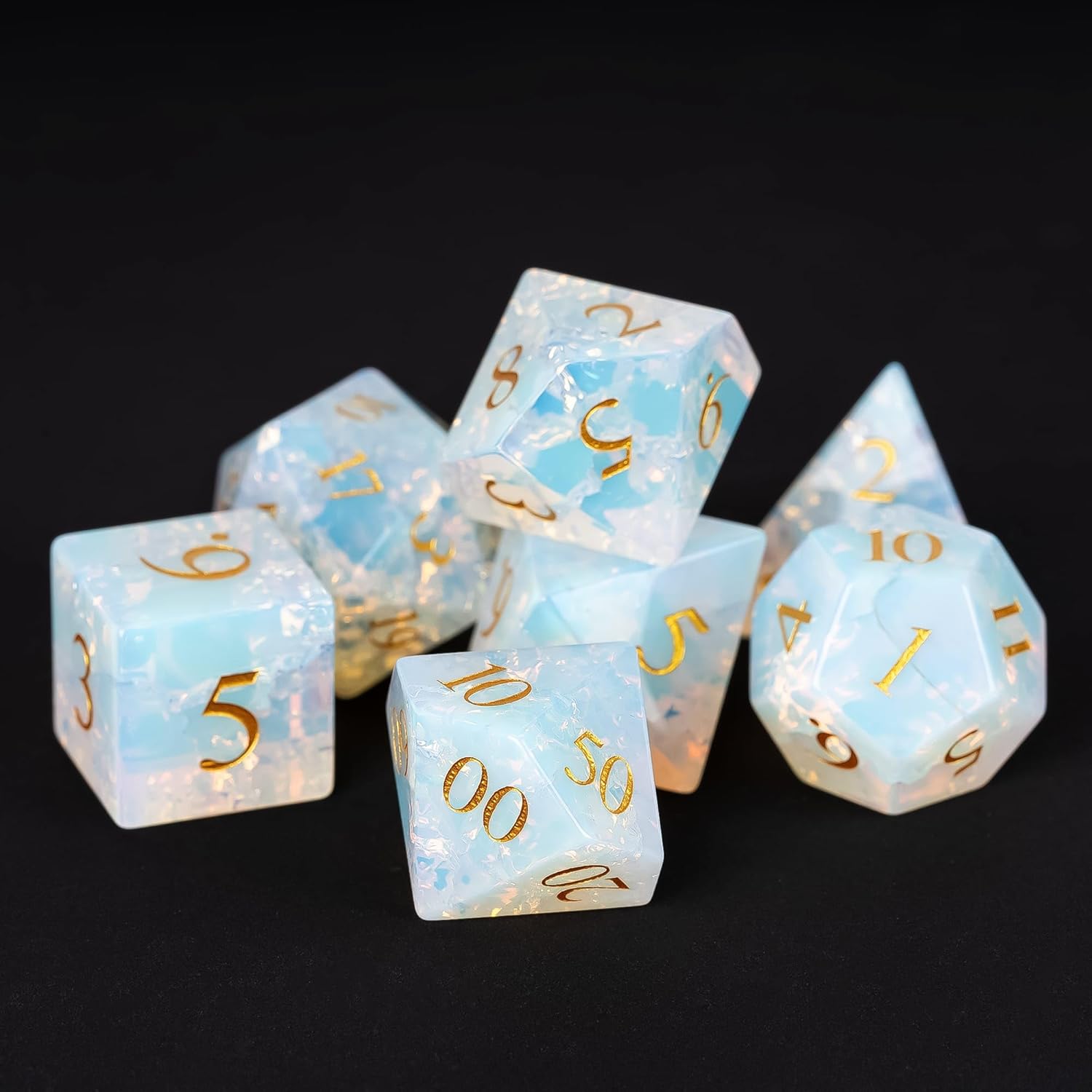 UDIXI 7PCS Stone DND Dice Set, Natural Gemstone Dice Set with Leather Gift Box for D&D Role Playing Games and Tabletop Games(Opal Cracked)