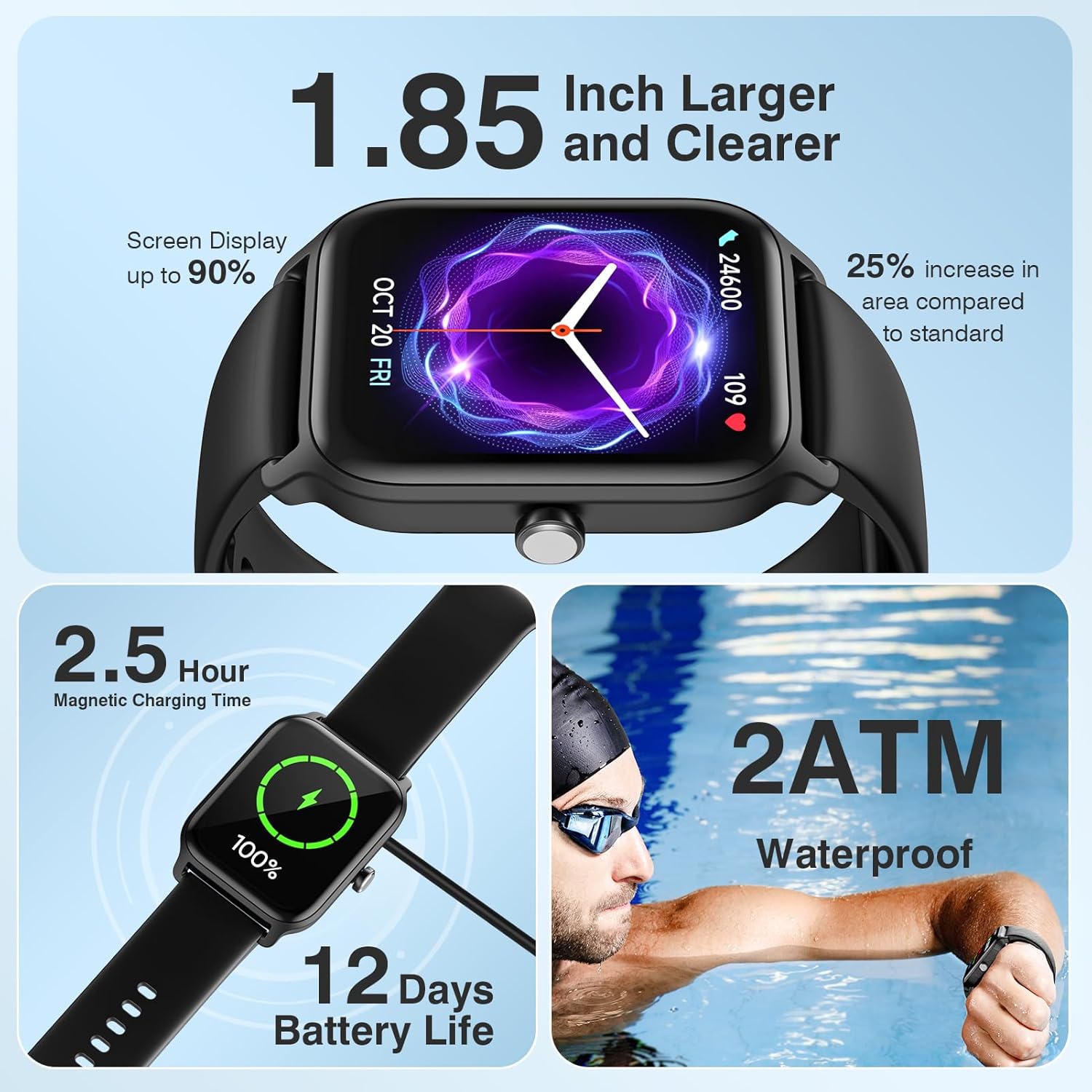 Smart Watches for Women Men, 1.85” HD Touchscreen Fitness Tracker with Call & Message Alerts, 24/7 Heart Rate/Sleep Monitor,100+ Sport Modes, 2ATM Waterproof Smart Watch for Android iPhone (Black)