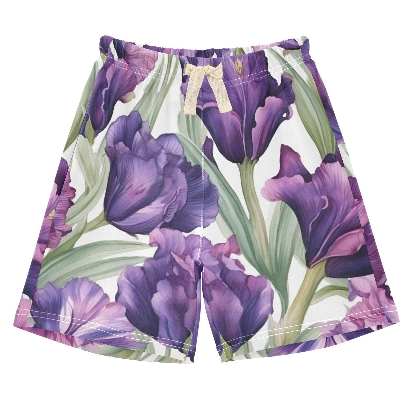 innewgogo Purple Flowers Tulips Leaves Toddler Baby Boy Girl Cotton Pull-On Shorts Elastic Waist Summer Beach Shorts Kids Pants 5T