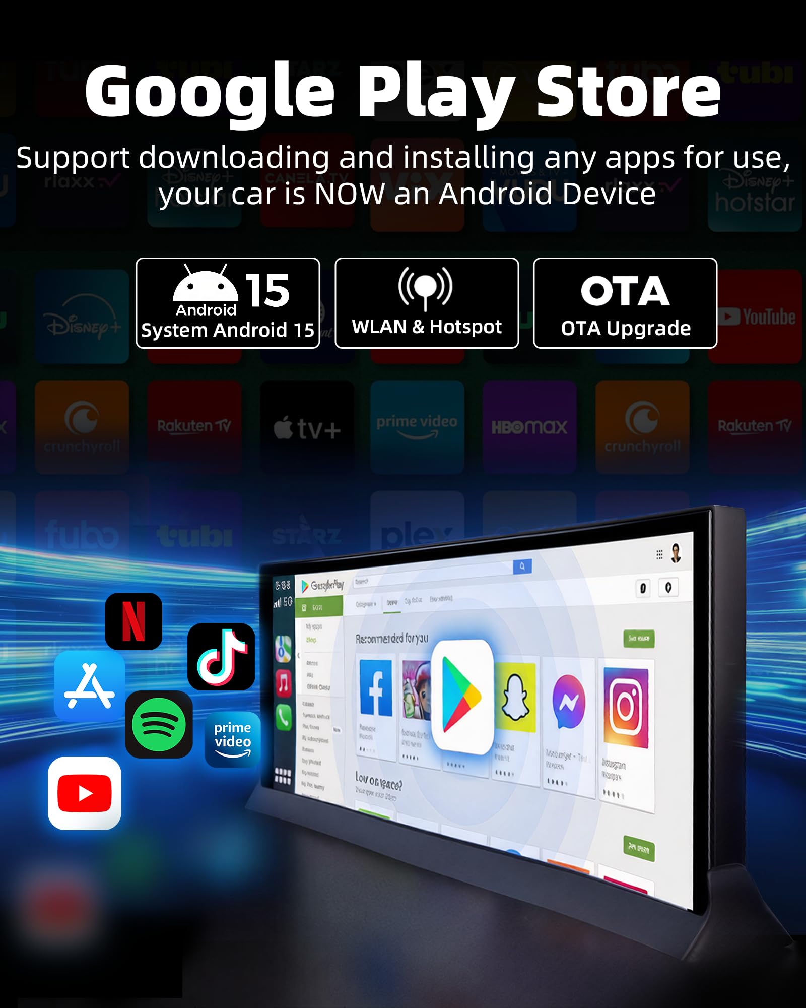 11,26 Zoll Wireless Carplay Display Android Auto Display mit Netflix YouTube TikTok Android 15 Car Play Autoradio mit Bildschirm Dual-Bluetooth OTA Navigation Sprachsteuerung Rückfahrkamera 1080P