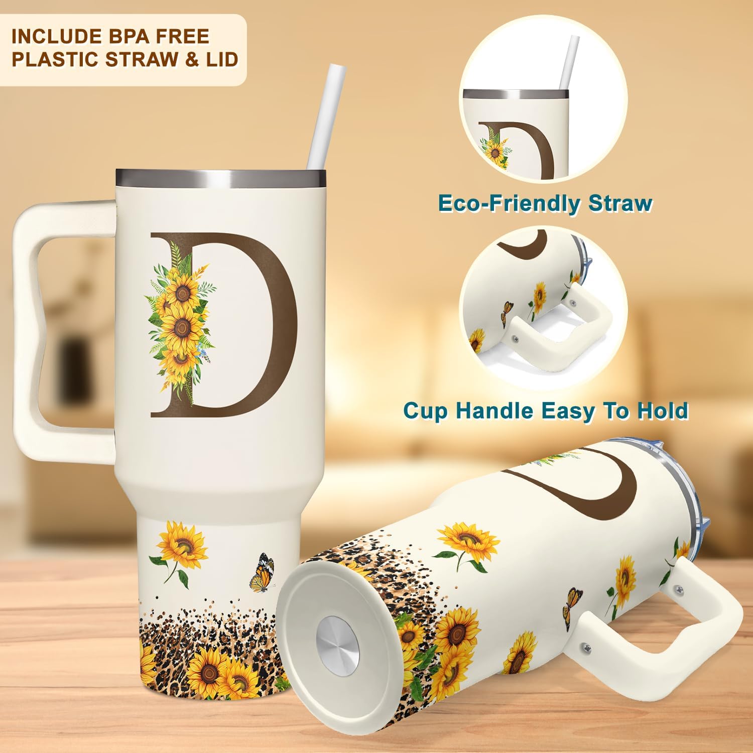 Personalized Birthday Gifts For Women - Sunflowers Monogrammed Cup For Boss Day, Christmas - Customized Gifts For Women, Mom, Wife, Coworkers, Boss Lady, Her - Custom Tumbler With Handle 40oz - Image 3