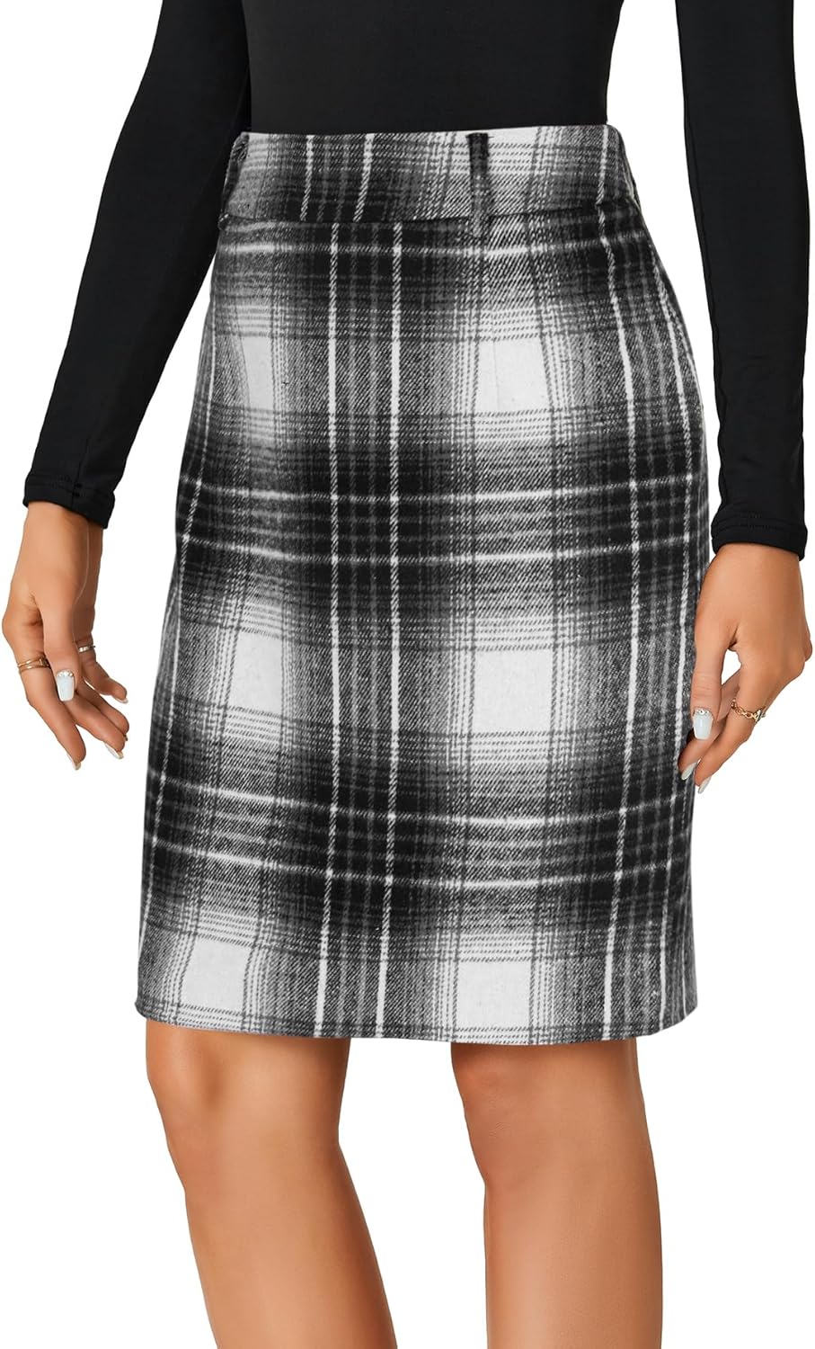 LYANER Women's Wool Plaid Print High Waist Zipper Bodycon Fall Pencil Midi Skirt Knee Length - Image 4