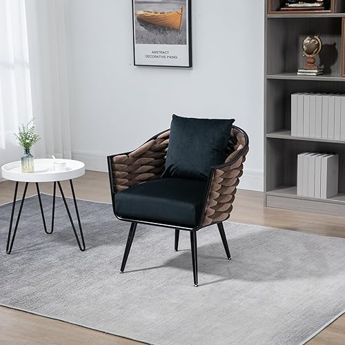 Silla decorativa de terciopelo, silla tapizada con almohada suave, moderna silla individual con respaldo tejido y patas de metal sólido, cómoda