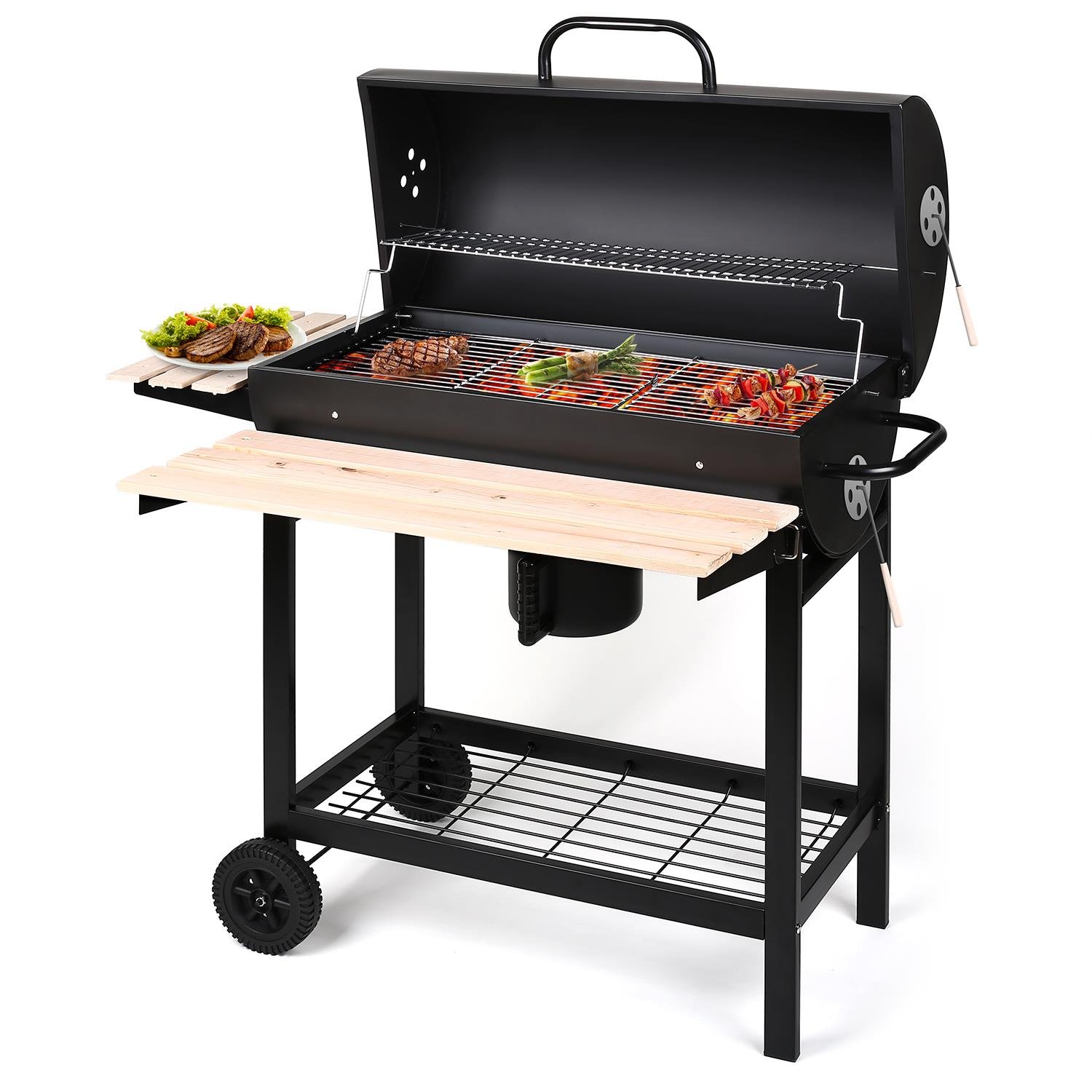 oneConcept Beefbutler - griglia a Carbone, griglia da Giardino, griglia Diretta e indiretta, 2 Ripiani in Legno, 4 Aperture di Ventilazione, Contenitore Rimovibile, Ruote per Trolley, Nero