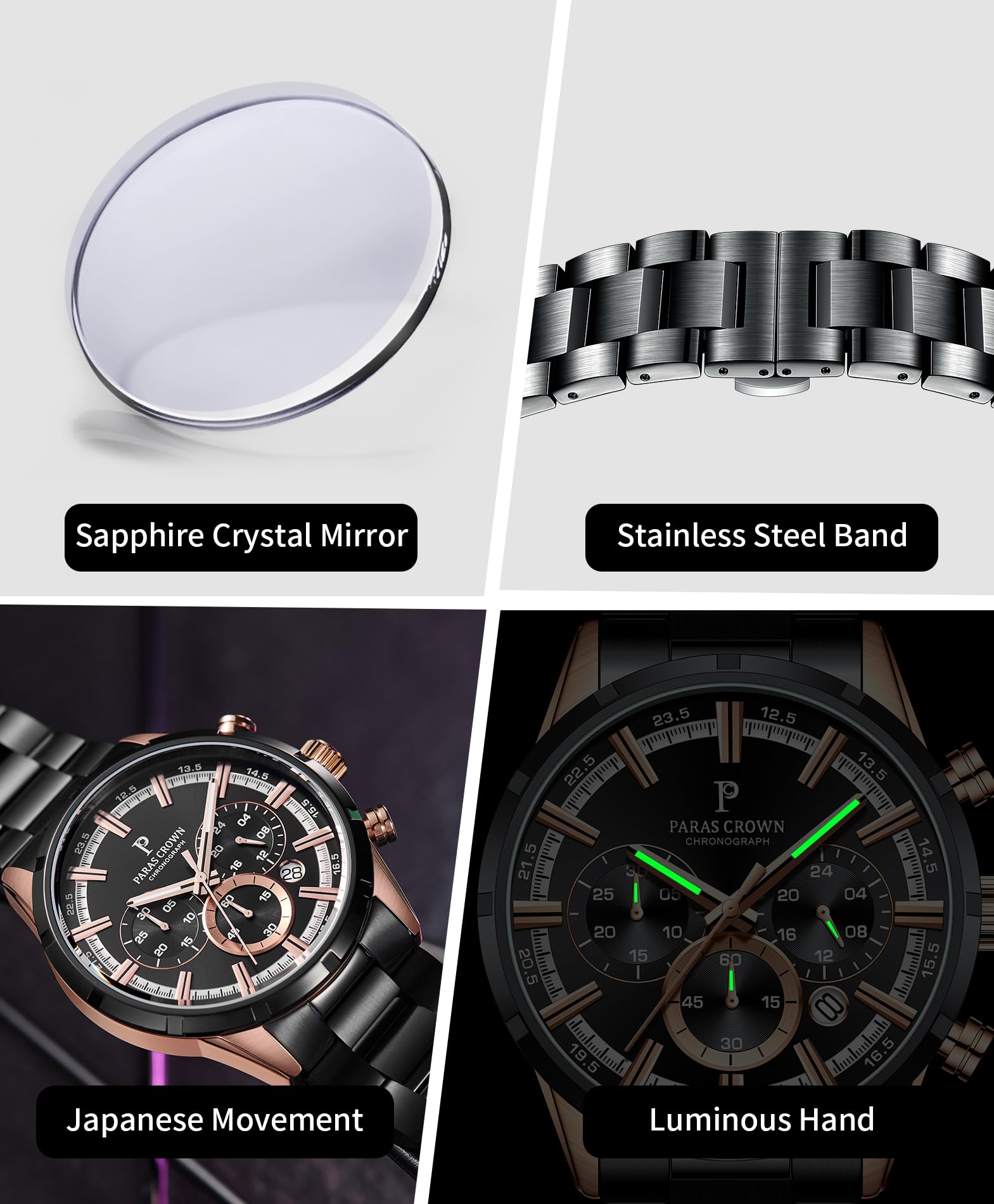 PC PARAS CROWN Orologio Uomo con Movimento al Quarzo Giapponese Cronografo Resistente all'Acqua 5 ATM Cassa in Acciaio Classico Elegante Orologio Cinturino in Silicone
