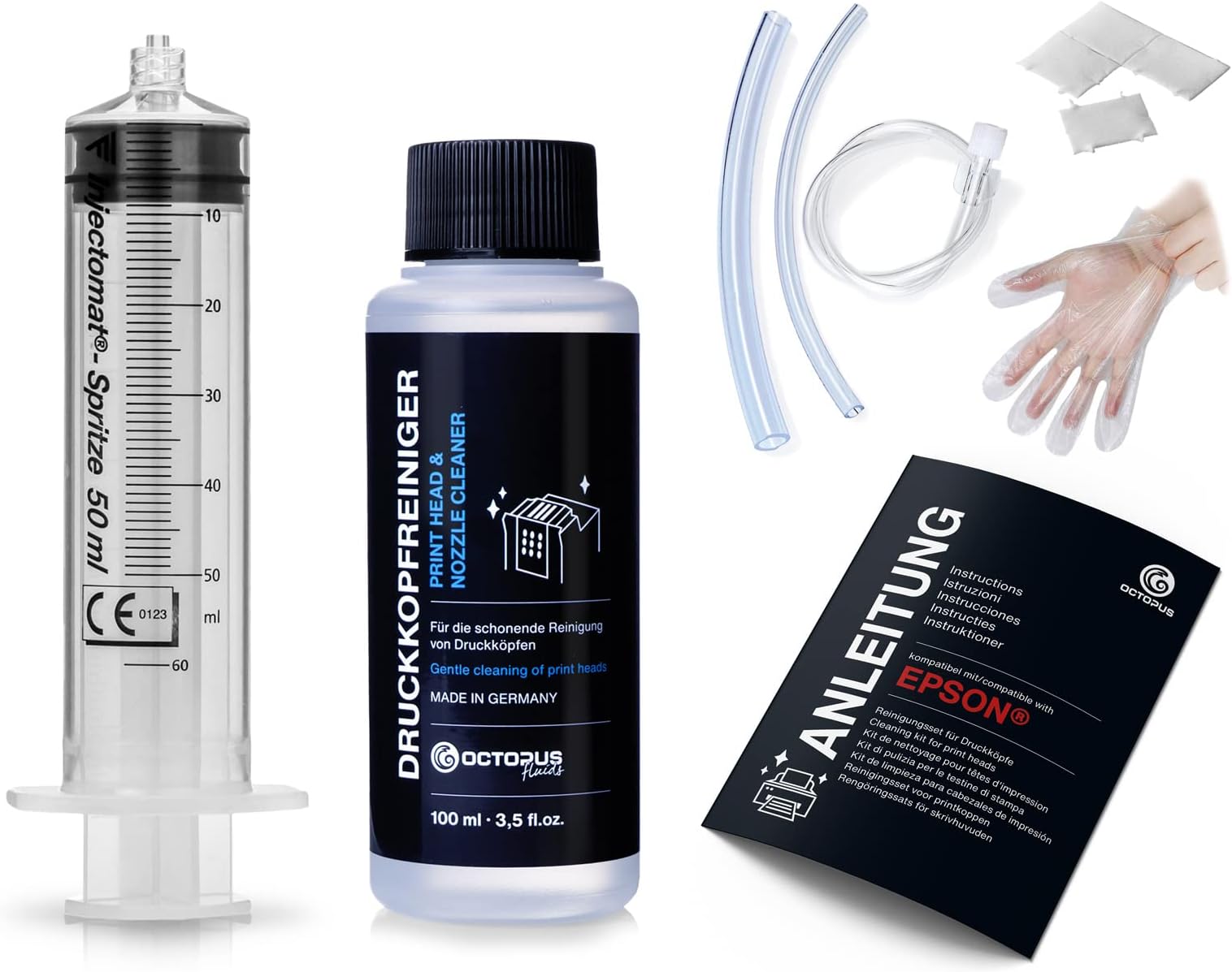 Octopus nozzle cleaner, print head cleaner compatible for Epson print heads with hose adapters (100 ml)