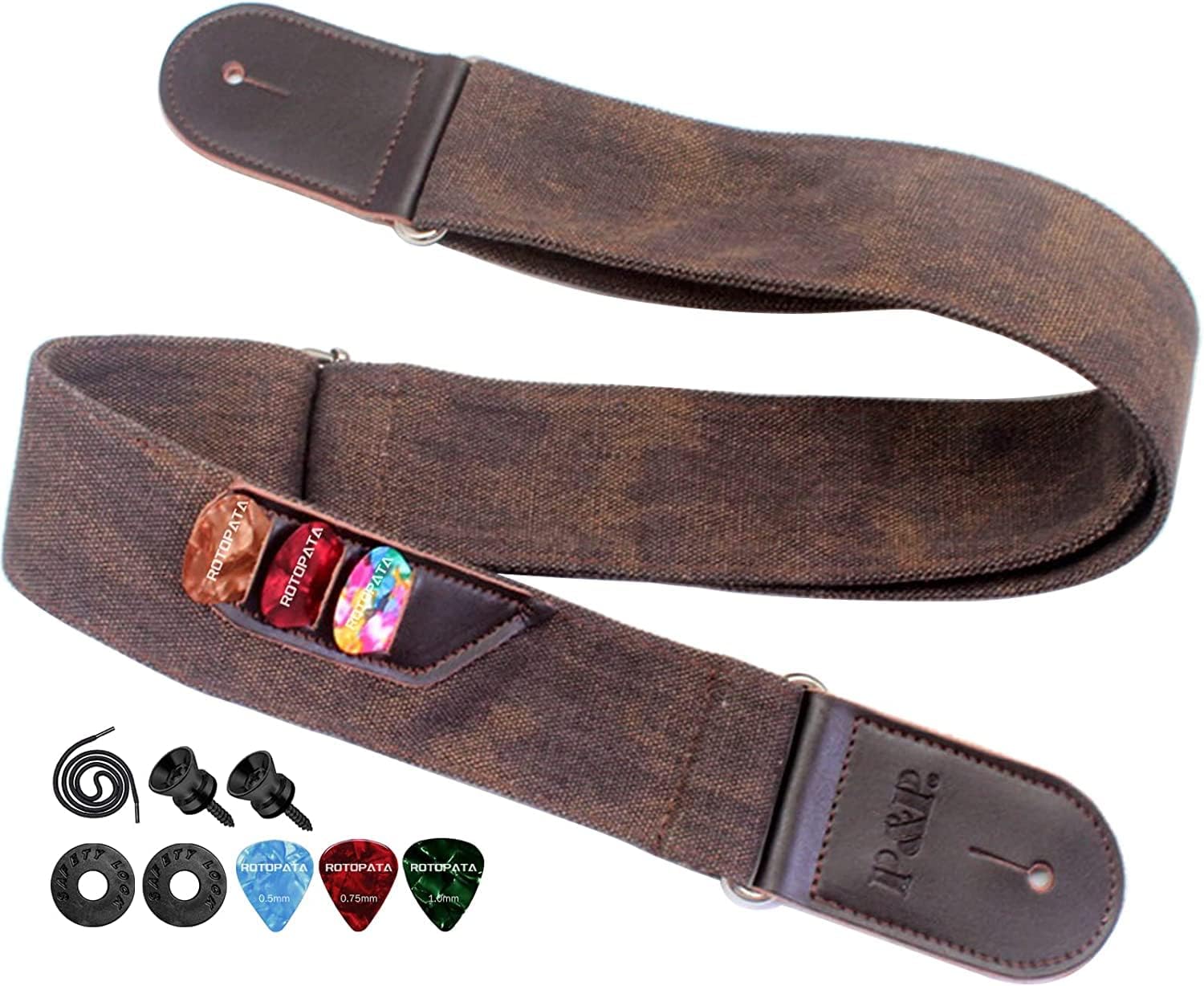ROTOPATAGuitar Strap with Pick Holders, 2 Buttons 2 Locks 3 Guitar Picks, Vintage Strap with Genuine Leather Ends,Length Adjustable for Son Daughter (Brown)