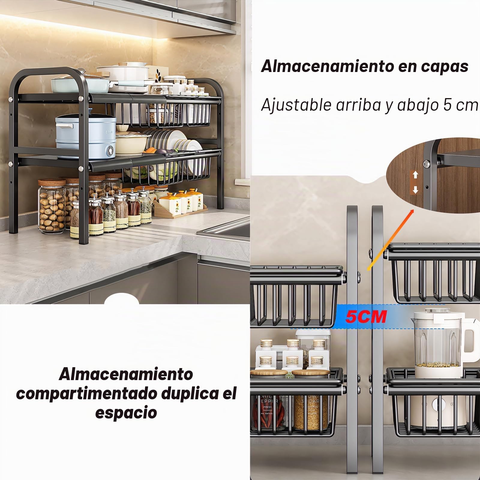ViWaVee Organizador Cocina Bajo Fregadero Extensible 53-93cm para Armario | Altura Ajustable 5cm + 4 Cestas y Placas | Multiusos Baño Balcón | Almacenaje Productos Limpieza Ollas