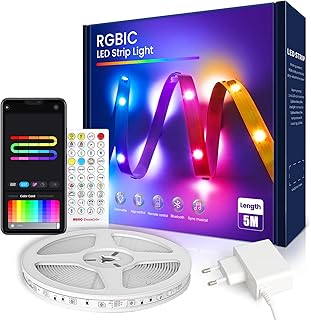 VKH LED Strip 5m, RGB-IC LED Streifen mit App, Segmentcontrol, Farbwechsel, Musik Sync, LED Lichterkette für Party, Zuhause, Schlafzimmer, Gaming, Küche Deko