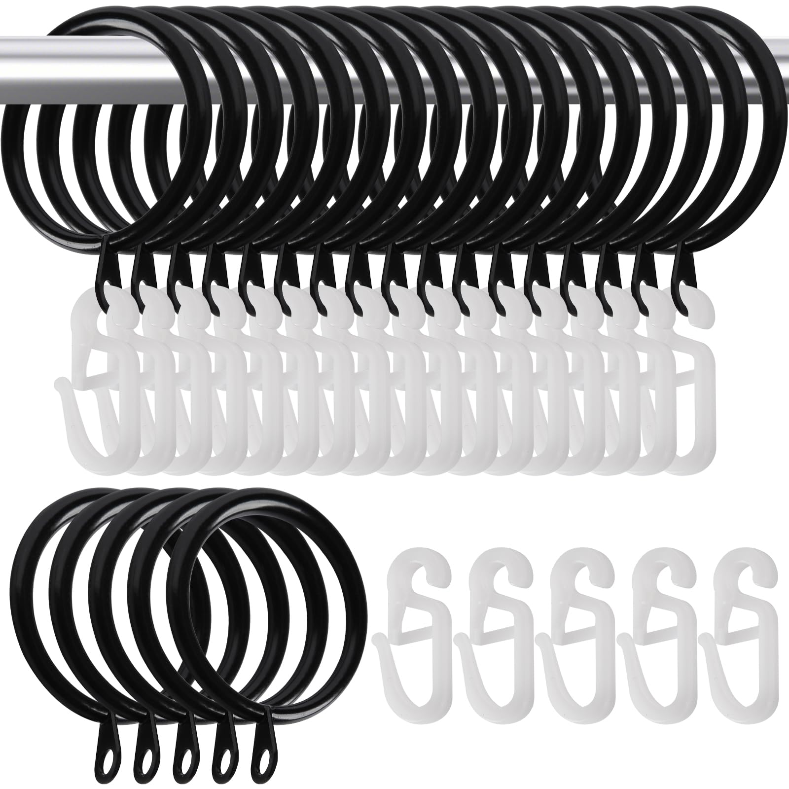 Yixiaoboda ‎Black 22 Pack Curtain Rings And Hooks, 30Mm Metal Drapery Hanging Rings & 22Pcs Curtain Hooks Plastic White For Curtains And Rods, Drape Sliding Eyelet Rings(Black, 22 Pack)