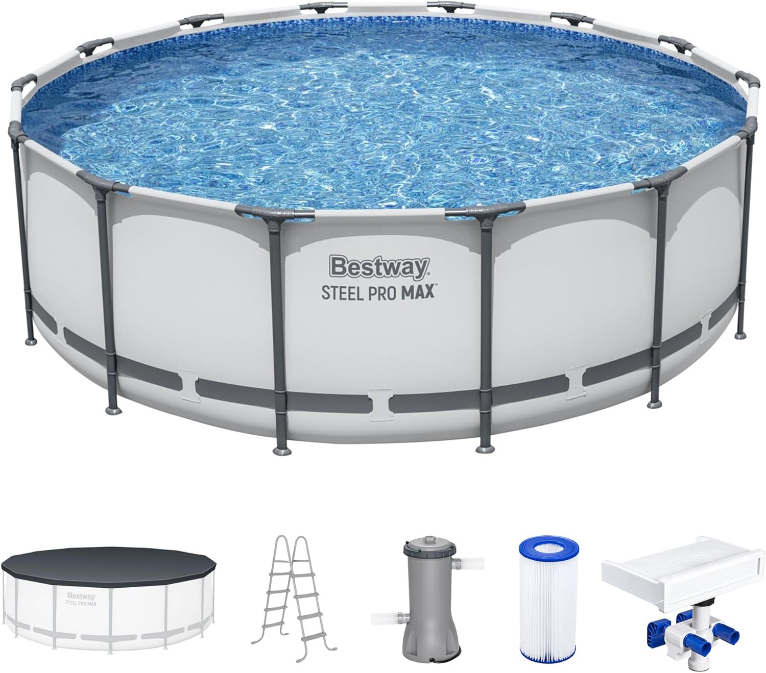 Bestway 7 Colored LED Waterfall Cascade Accessory Attachment & Steel Pro MAX 14' x 48" Round Outdoor Above Ground Swimming Pool Set with Pump