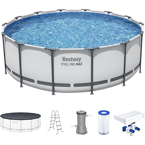 Bestway 7 Colored LED Waterfall Cascade Accessory Attachment & Steel Pro MAX 14' x 48" Round Outdoor Above Ground Swimming Pool Set with Pump