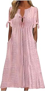 Vestido de manga corta con cuello en V y manga corta para mujer, color liso, informal, con vuelo, para mujer