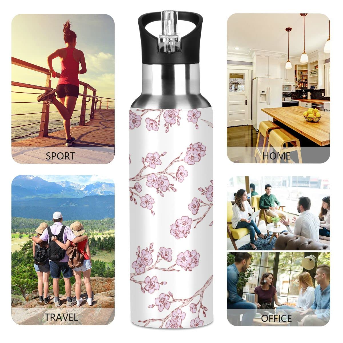 Edelstahl Wasserflasche mit Strohhalm, Sakura Kirschblüten Isolierte Trinkflasche Sport Wasserflasche für Kinder Erwachsene, auslaufsicher, 1L