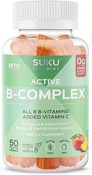 SUKU Vitamin B Complex Gummies with Vitamin C Sugar Free Vegan 8 B Vitamins Complex Gummy Supplement Increases Cell Development, Improves Metabolism & Collagen Formation, Peach Flavour 50 Gummies