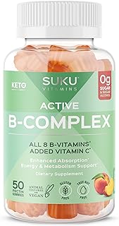 SUKU Vitamin B Complex Gummies with Vitamin C – Sugar Free Vegan 8 B Vitamins Complex Gummy Supplement Increases Cell Development, Improves Metabolism & Collagen Formation, Peach Flavour (50 Gummies)