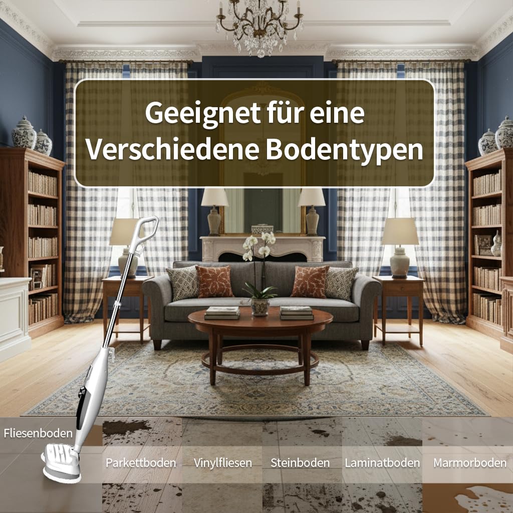 2-in-1 Dampfreiniger Mop mit Handgerät, 30s Schnellaufheizung, 4 Mikrofaserpads, Für alle Hartböden und Teppiche,entfernt 99,9%,weiß