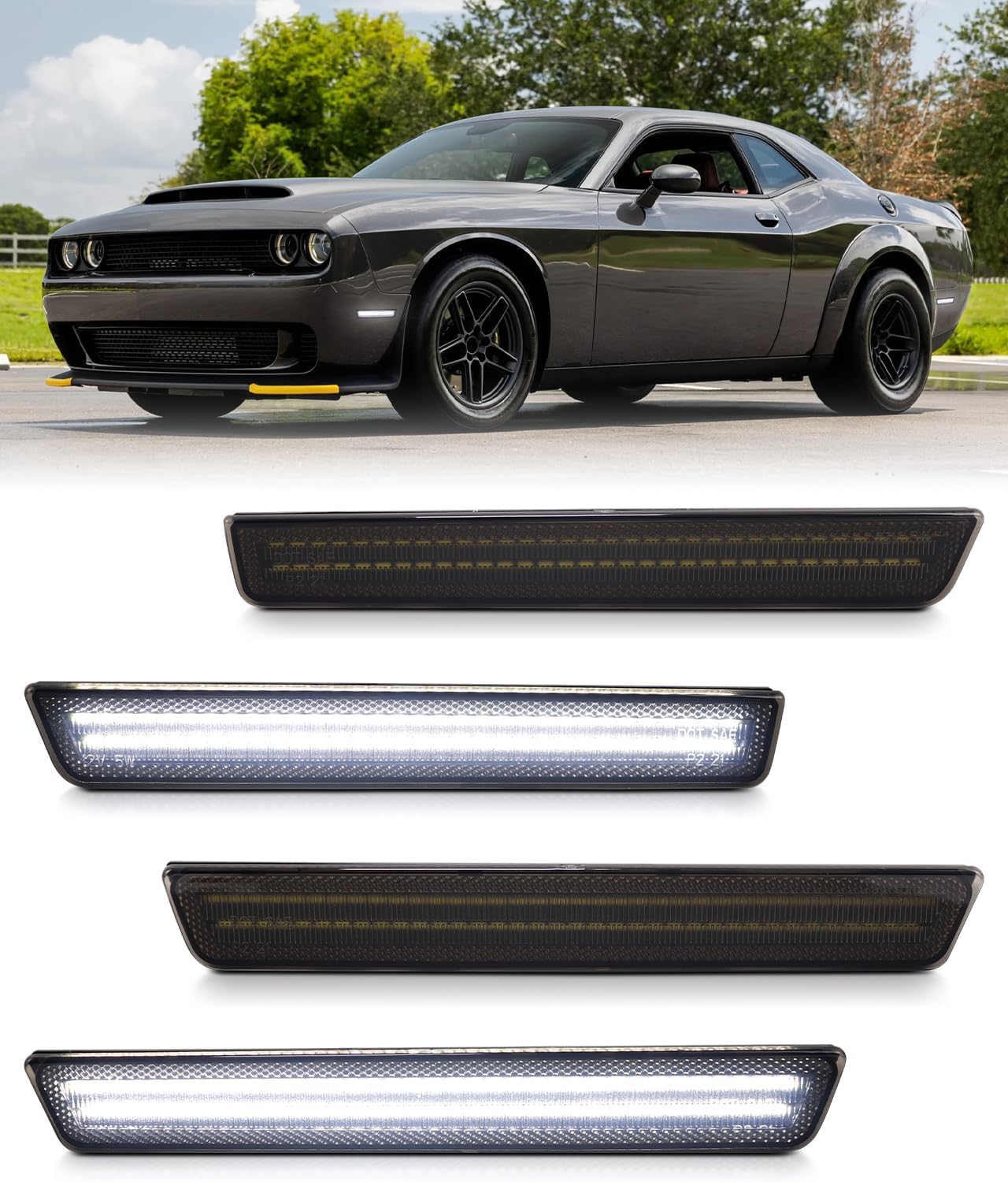 White LED Side Marker Lights for Dodge Challenger 2015-2023, Front & Rear Parking Lamp Passenger Driver Side, Smoked Lens 4PCS