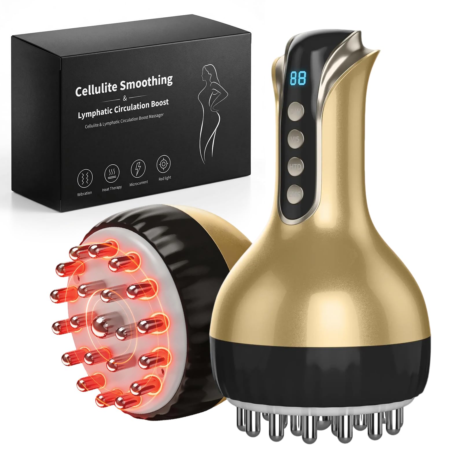 OVGIAP Lymphatic Drainage Massager & Anti-Cellulite Massage Tool, Body Sculpting Device for Legs, Arms & Stomach, Supports Smoother Skin, with Gentle Warming & Vibration - Gold