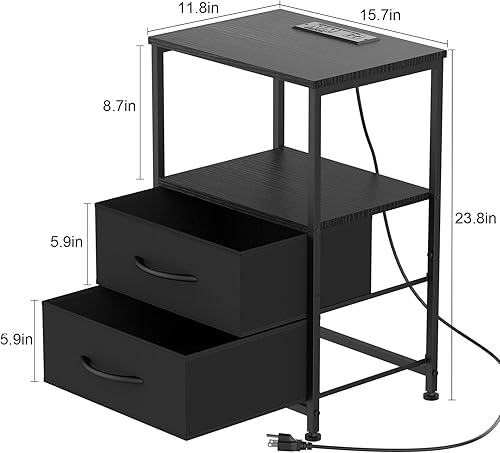 Miniatura 3 de DOMYDEVM Mesita de noche con estación de carga, moderna mesa auxiliar con puertos USB y tomacorrientes, mesa de noche negra con 2 cajones de
